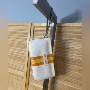 Coach Varsity Large Wristlet Chalk Orange yellow striped wallet